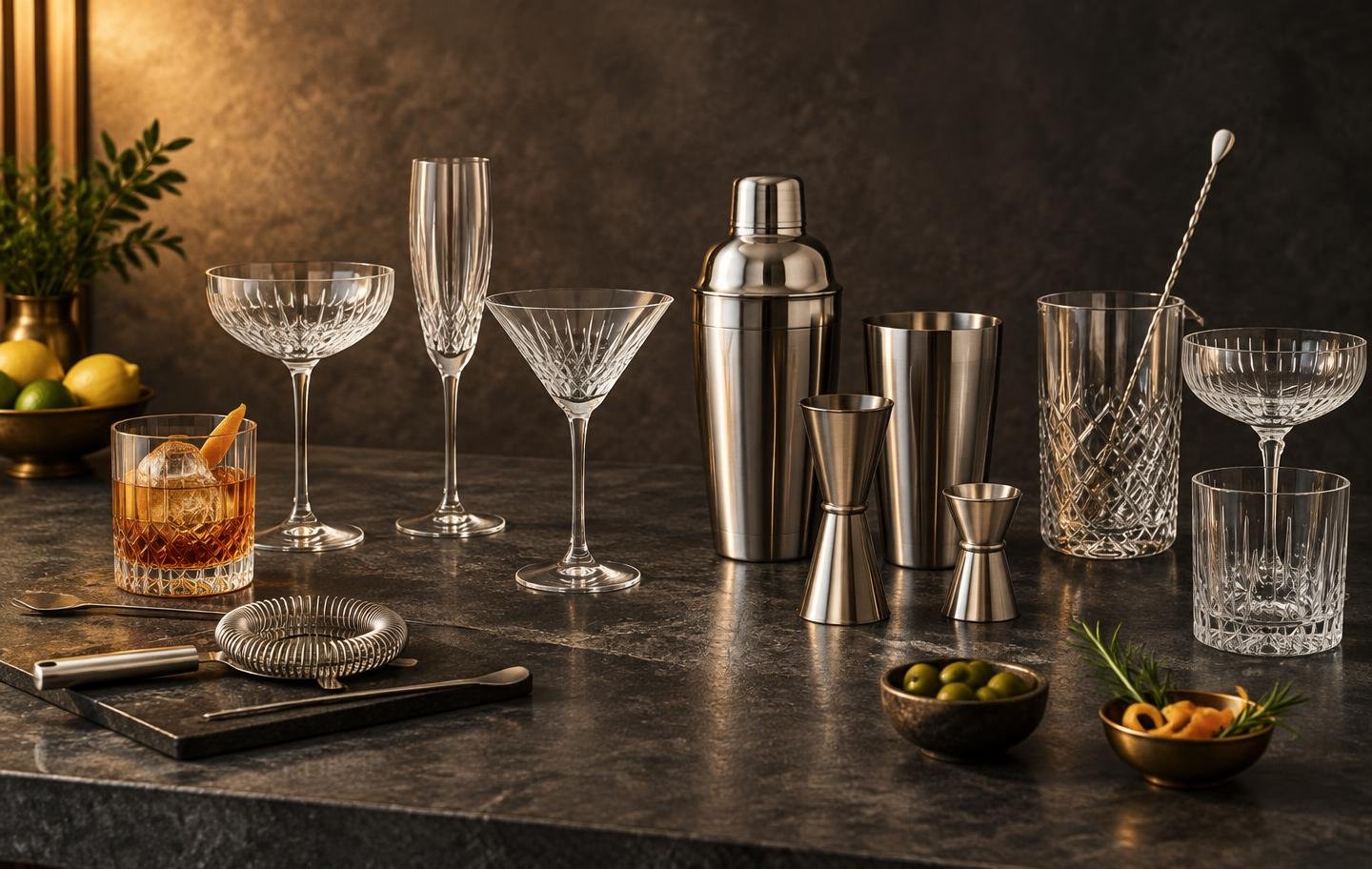 A considered collection of glassware and bar tools