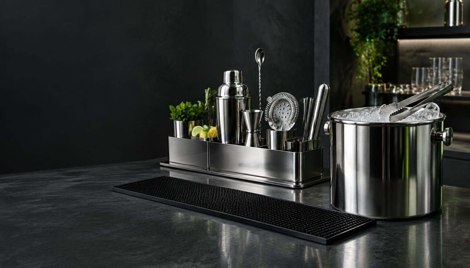 Professional ice bucket, bar mat and stainless bar caddy