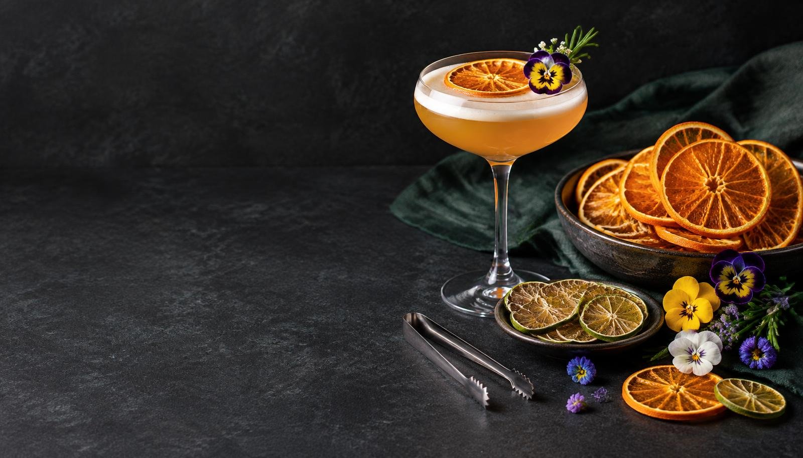 Dried citrus wheels and edible flowers beside a garnished coupe