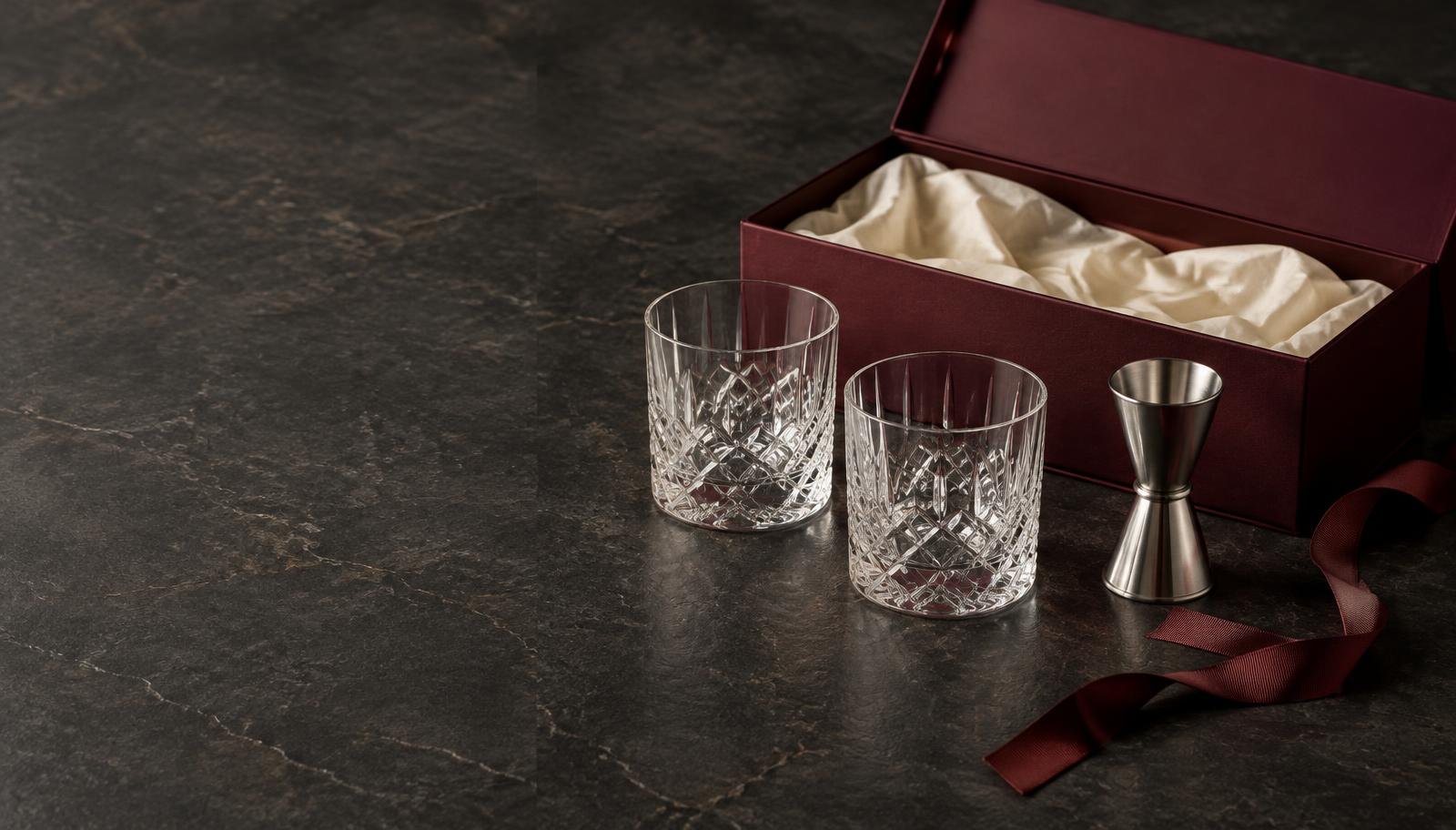 Crystal glasses and a jigger beside a burgundy gift box