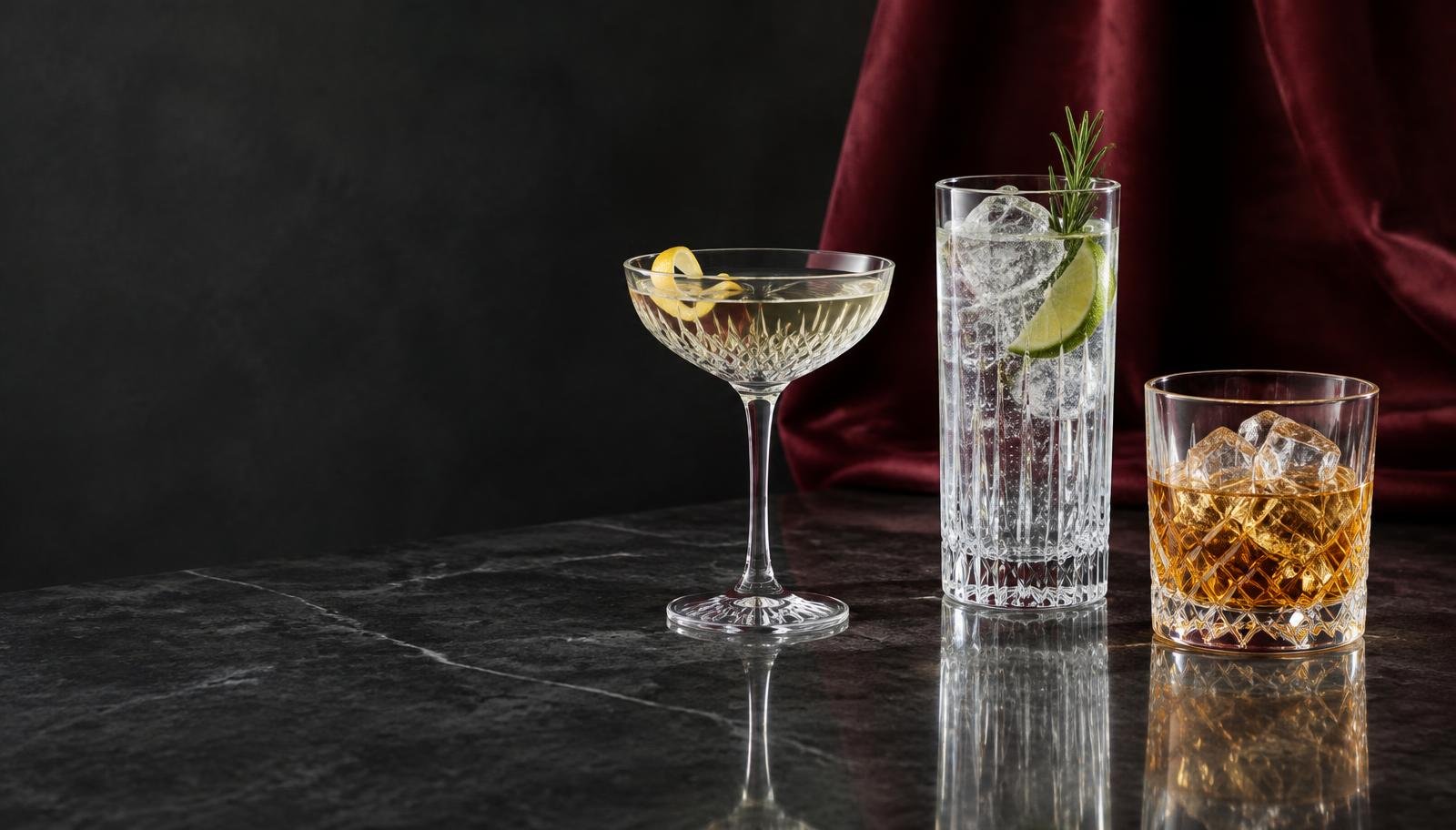 Cut crystal coupe, highball and rocks glasses on a marble bar