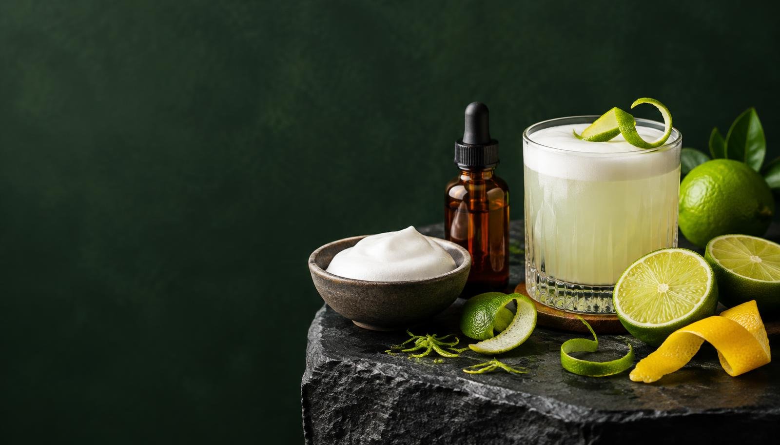 Citrus, cocktail foam and a garnished drink