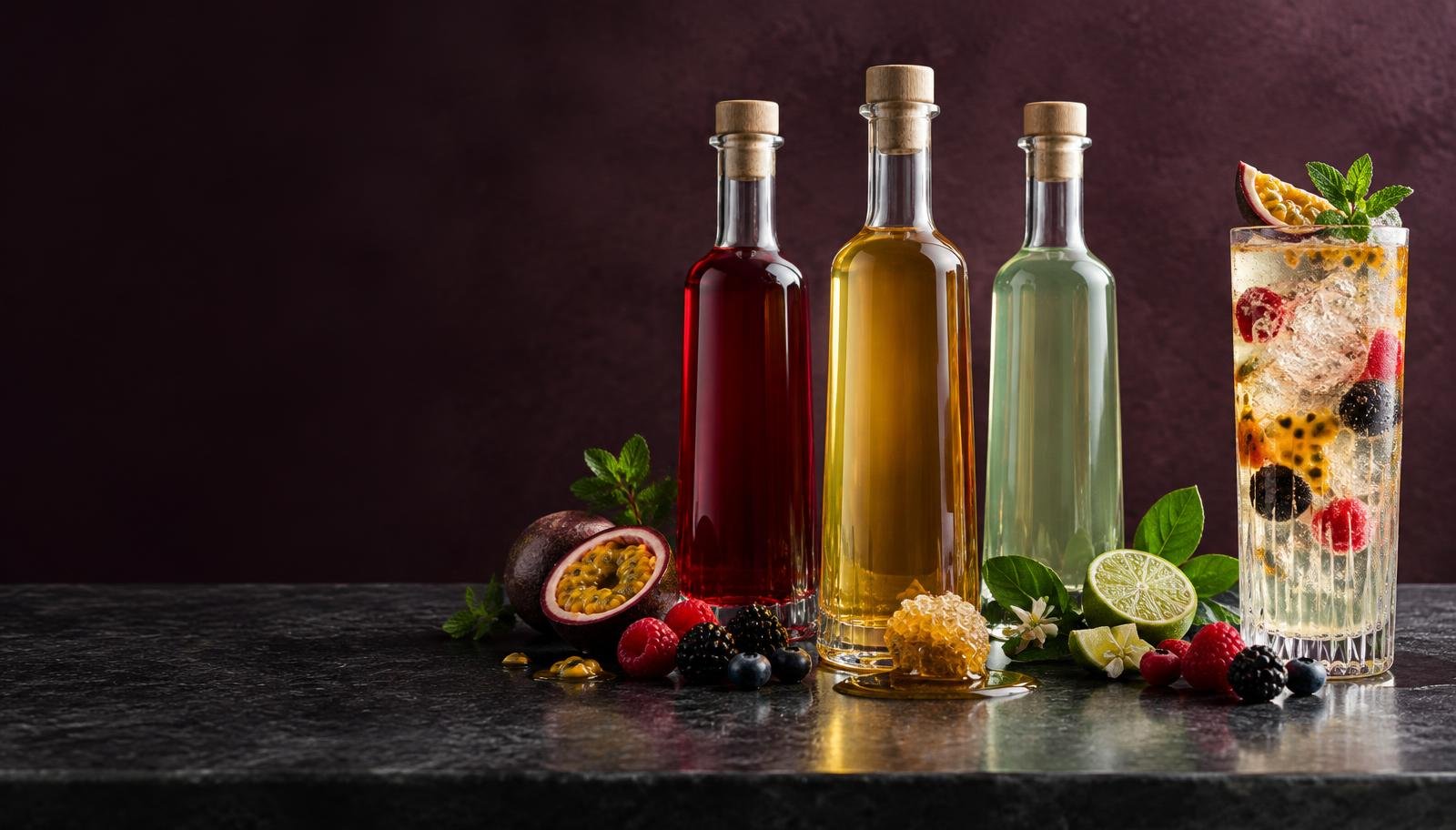 Colourful syrups with berries and an iced cooler