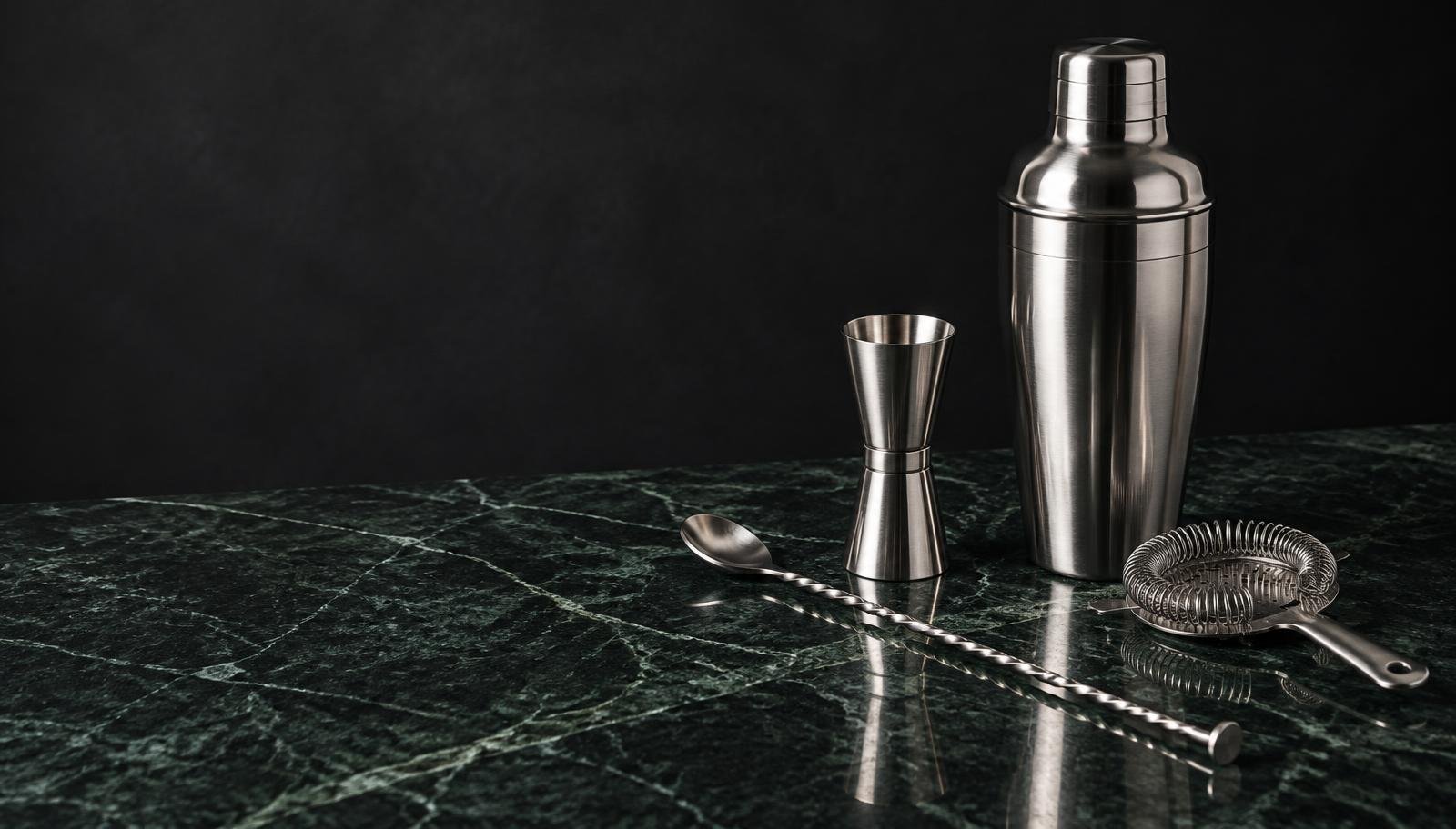 Stainless steel shaker, jigger, bar spoon and strainer