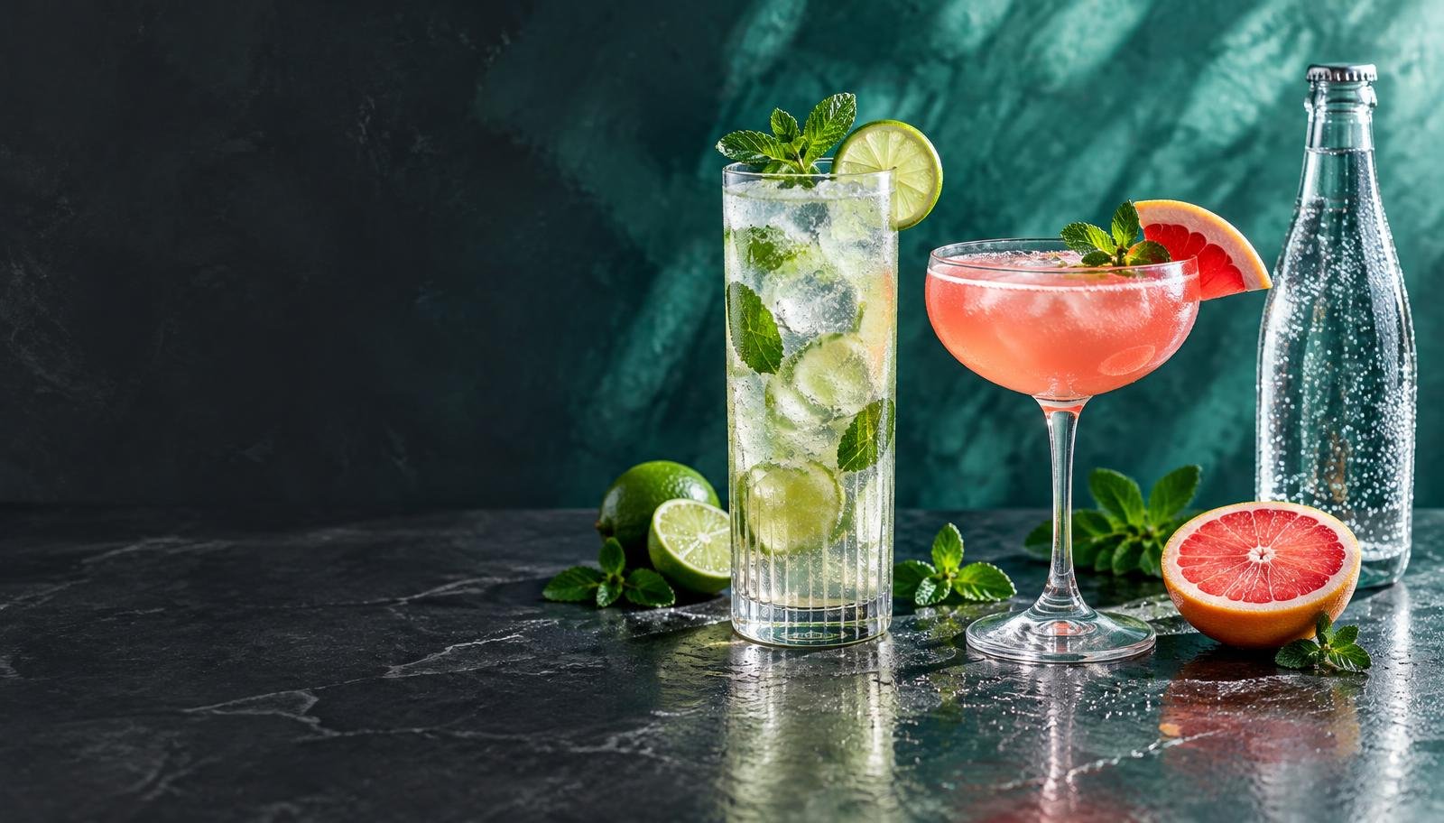 Sparkling citrus and mint drinks with fresh grapefruit