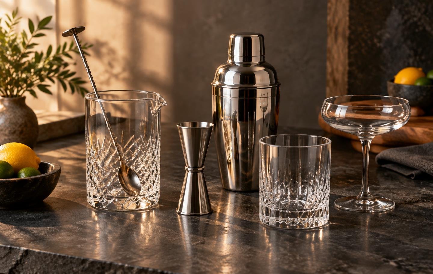 A mixing glass, shaker, jigger and serving glasses arranged for a home bar