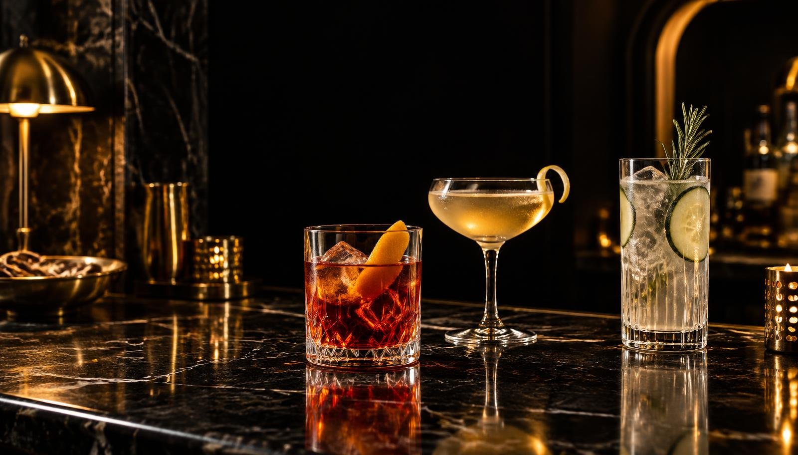 Three cocktails on a dark bar