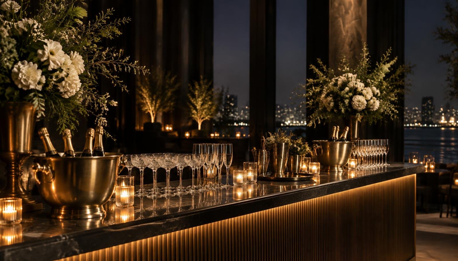 Elegant event glassware arranged for cocktail service