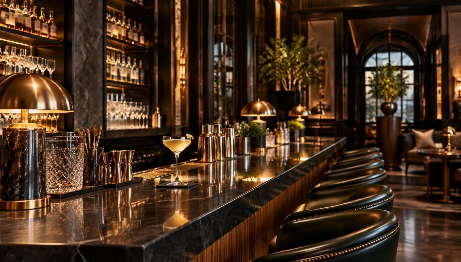 A refined professional cocktail bar prepared for service