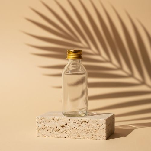 Premium Round Shape Glass Bottle with Golden Metal Lid (50 ml, 10 pcs)